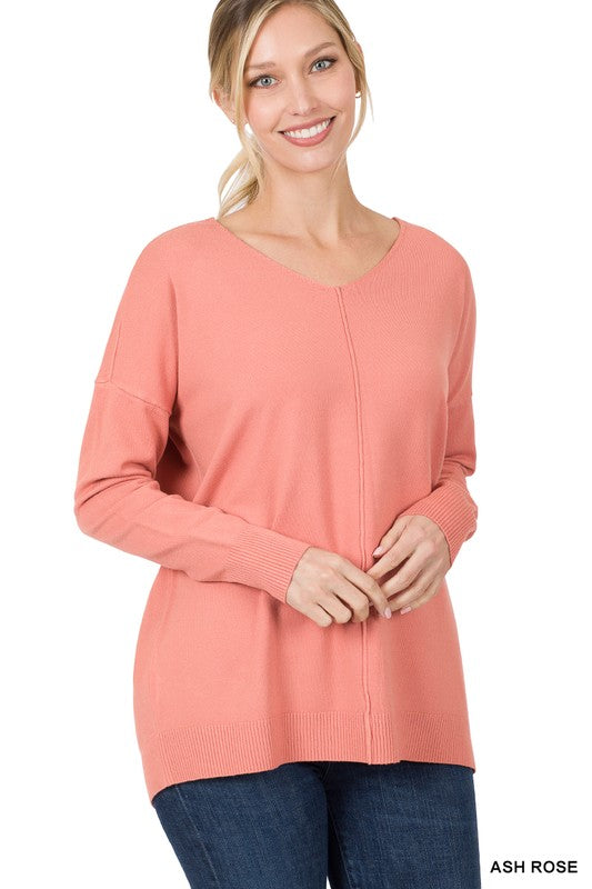 Zenana Hi-Low Garment Dyed V-Neck Front Seam Sweater in 4 Colors