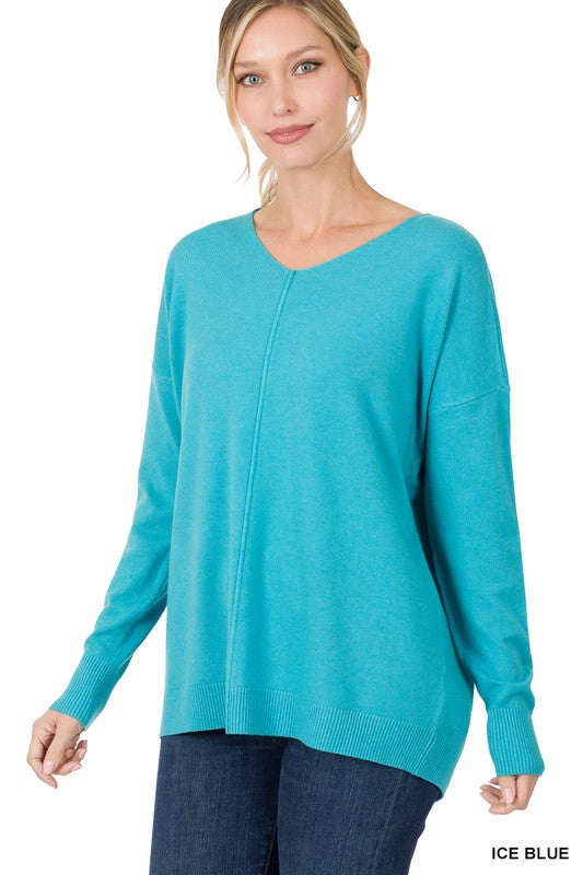 Zenana Hi-Low Garment Dyed V-Neck Front Seam Sweater in 4 Colors