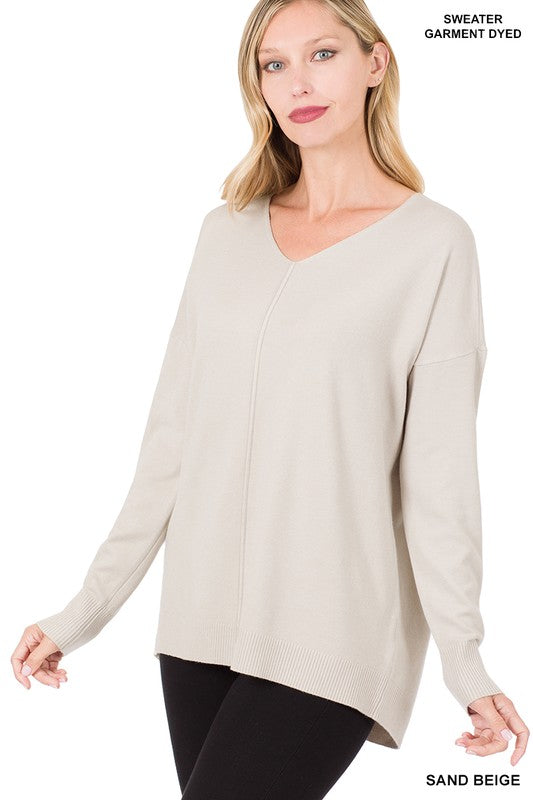 Zenana Hi-Low Garment Dyed V-Neck Front Seam Sweater in 4 Colors