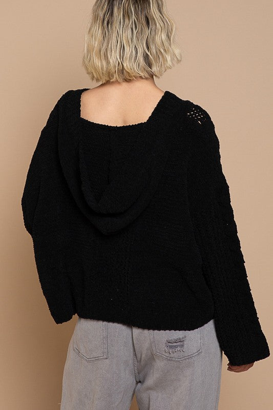 POL Sheer Cable-Knit Bell Sleeve Cropped V-Neck Sweater in 2 Colors