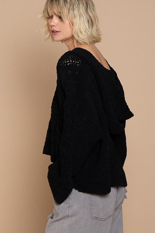 POL Sheer Cable-Knit Bell Sleeve Cropped V-Neck Sweater in 2 Colors