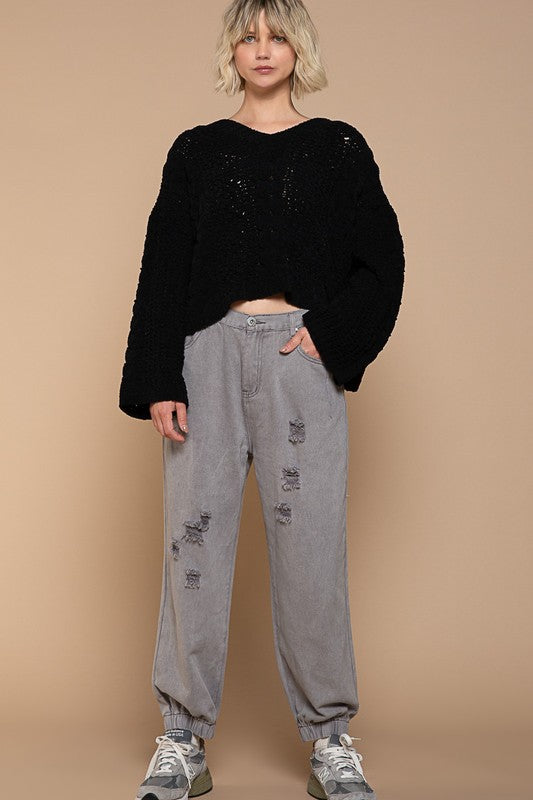 POL Sheer Cable-Knit Bell Sleeve Cropped V-Neck Sweater in 2 Colors