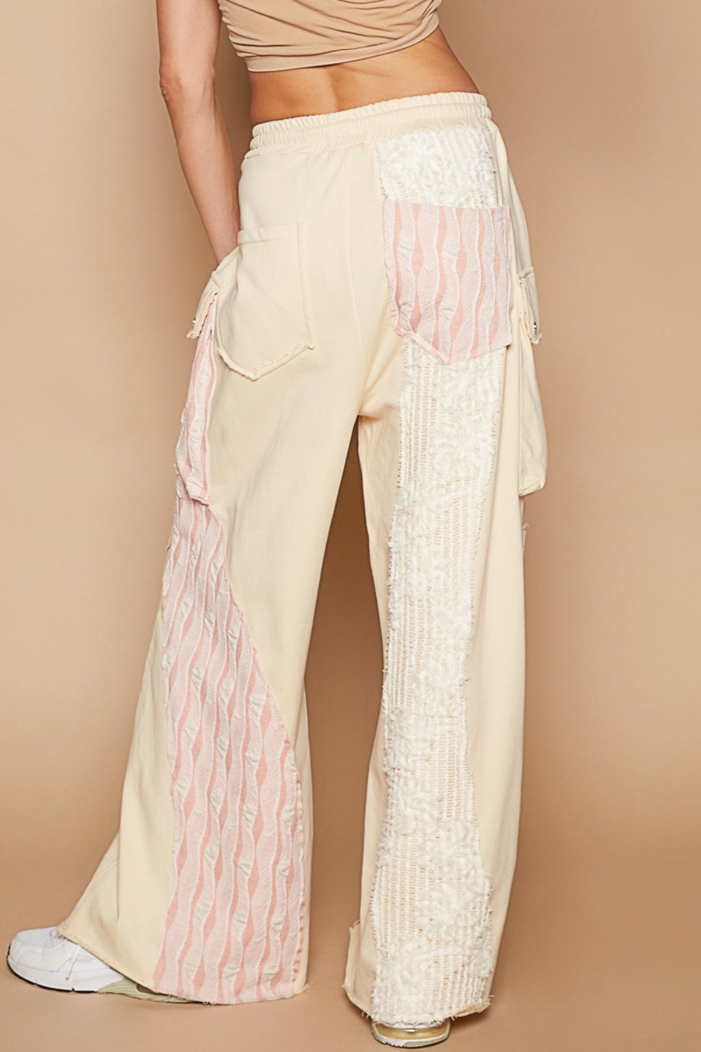 POL Crochet Patchwork Wide Leg Pants in Cream Beige Pull-On Drawstring Stretch