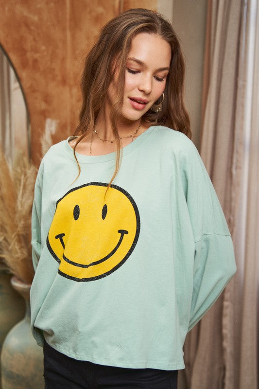 Jade by Jane Plus Size Smiley Face Oversized Long Sleeve Cropped Graphic T-Shirt