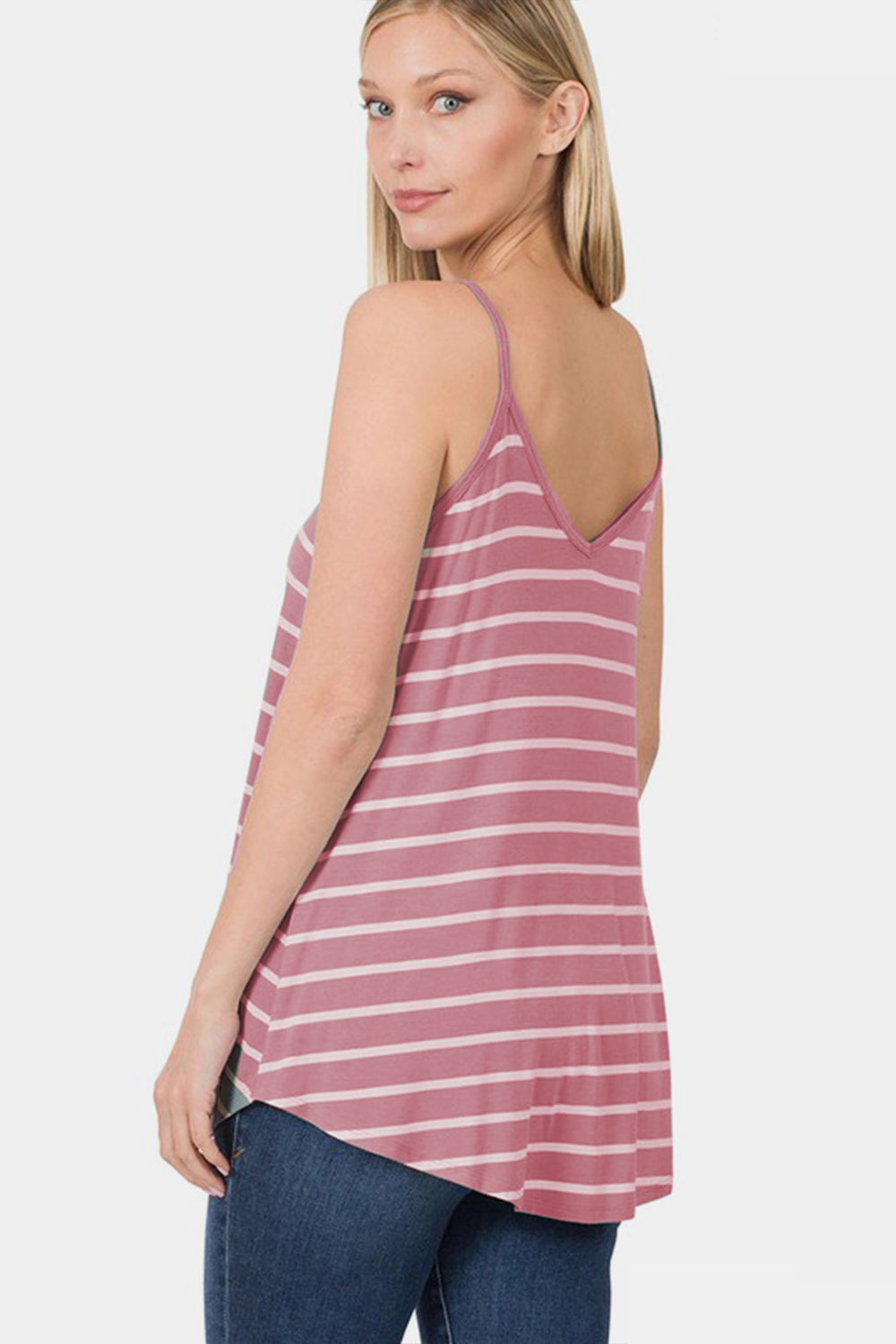 Zenana Double V-Neck Tunic Cami in Light Rose Stripe