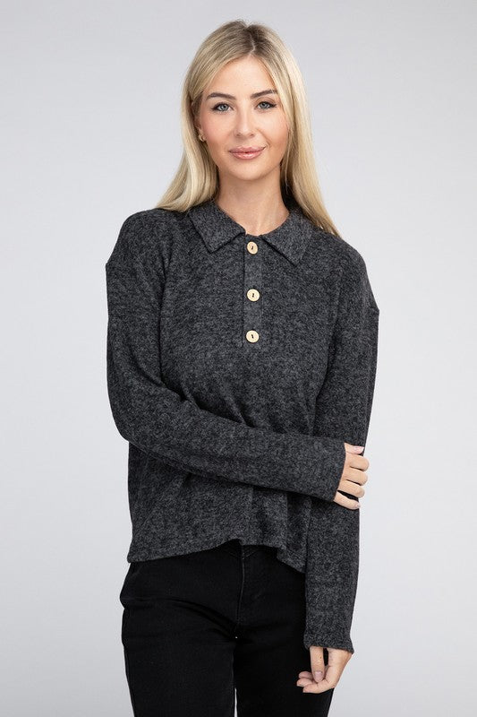 Zenana Brushed Melange Button Front Collared V-Neck Sweater in 5 Colors