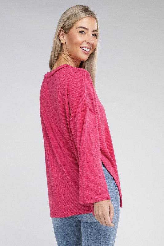 Zenana Slit Hem Bell Sleeve Ribbed Henley Sweater in 5 Colors