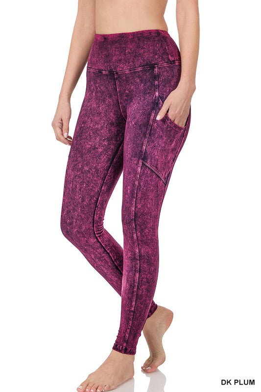 Zenana Mineral Wash Wide Waistband Leggings in 4 Colors