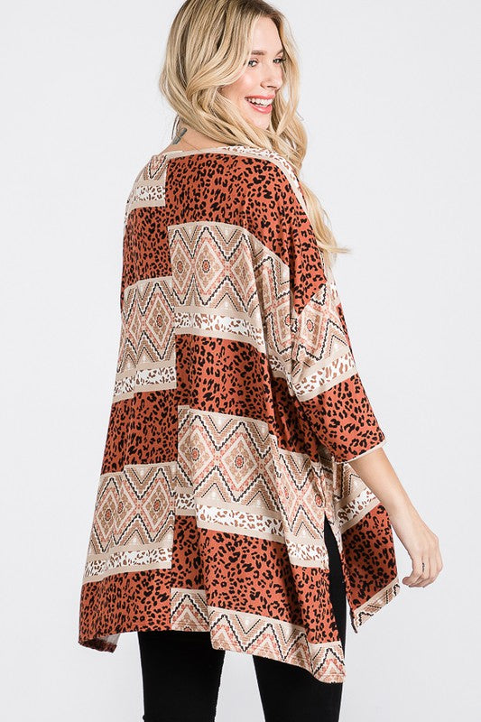 JADE BY JANE TRIBAL PRINT OVERSIZED LONG SLEEVE TUNIC TOP