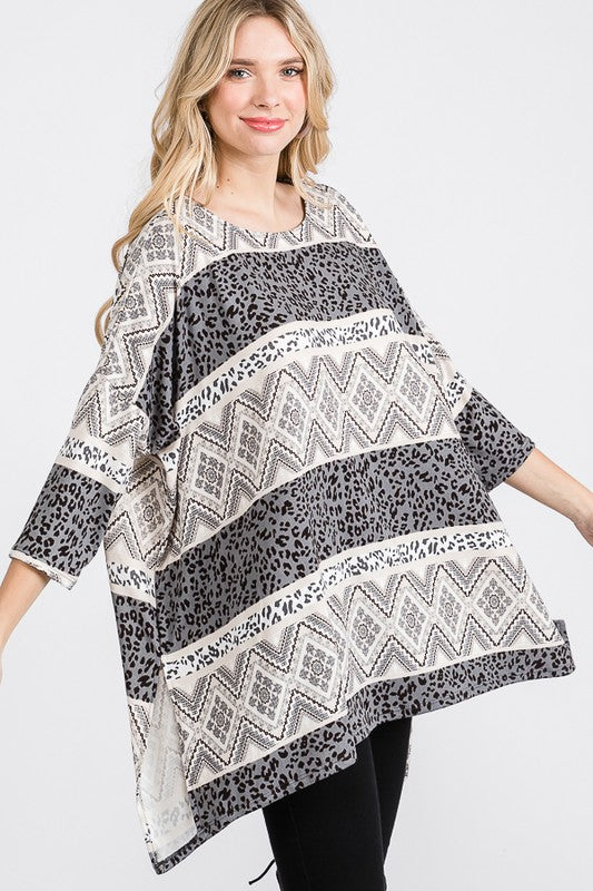 JADE BY JANE TRIBAL PRINT OVERSIZED LONG SLEEVE TUNIC TOP