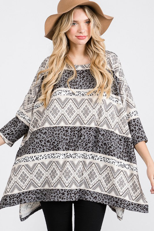 JADE BY JANE TRIBAL PRINT OVERSIZED LONG SLEEVE TUNIC TOP