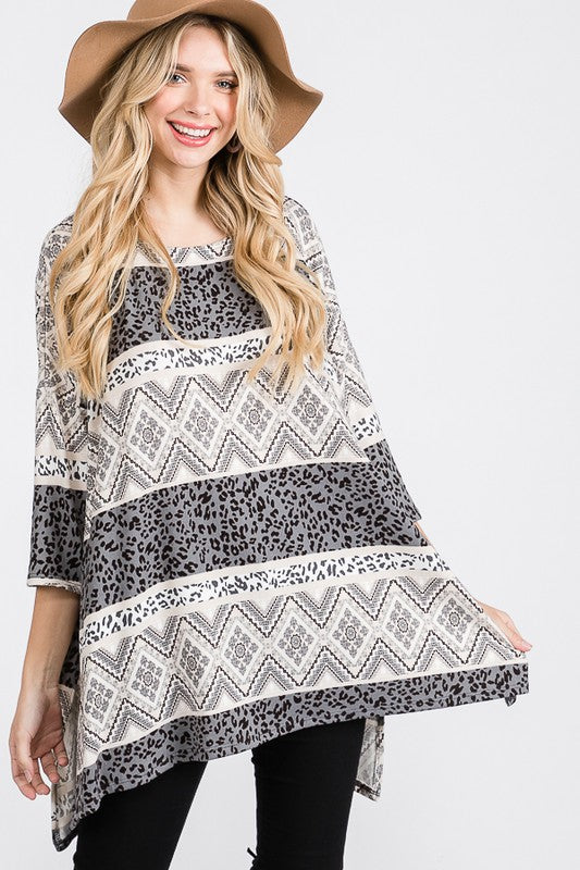 JADE BY JANE TRIBAL PRINT OVERSIZED LONG SLEEVE TUNIC TOP