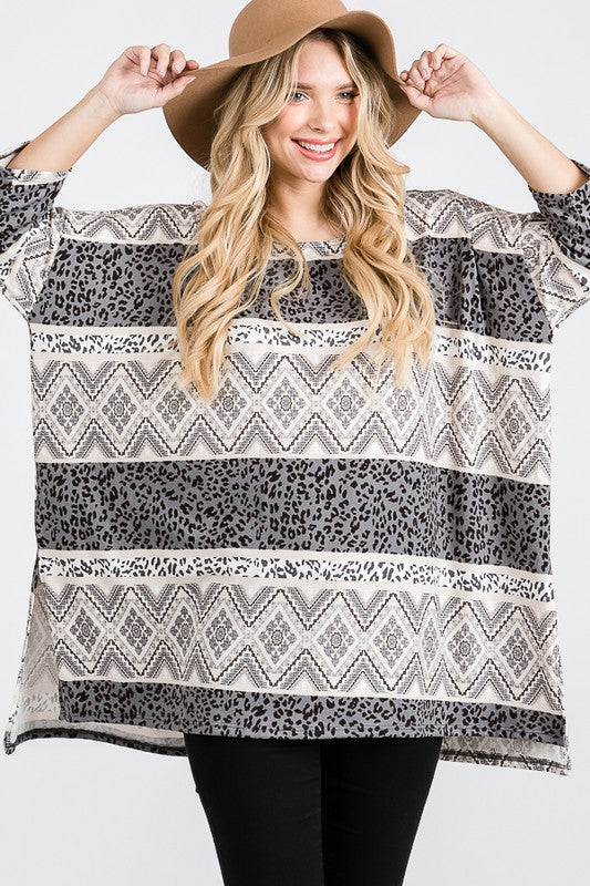 JADE BY JANE TRIBAL PRINT OVERSIZED LONG SLEEVE TUNIC TOP