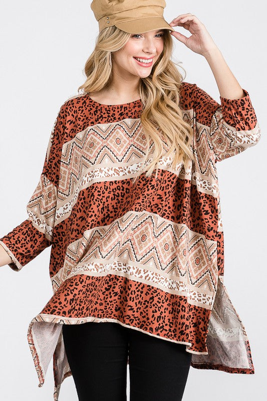 JADE BY JANE TRIBAL PRINT OVERSIZED LONG SLEEVE TUNIC TOP