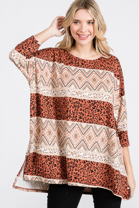 JADE BY JANE TRIBAL PRINT OVERSIZED LONG SLEEVE TUNIC TOP