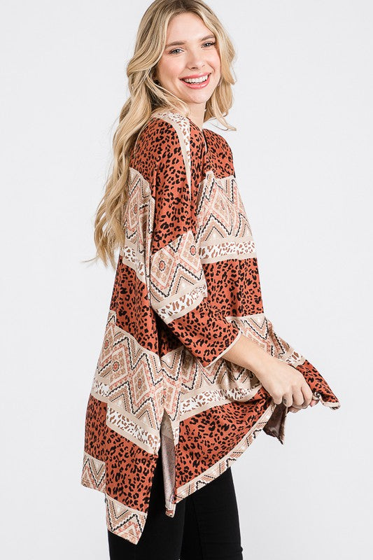 JADE BY JANE TRIBAL PRINT OVERSIZED LONG SLEEVE TUNIC TOP