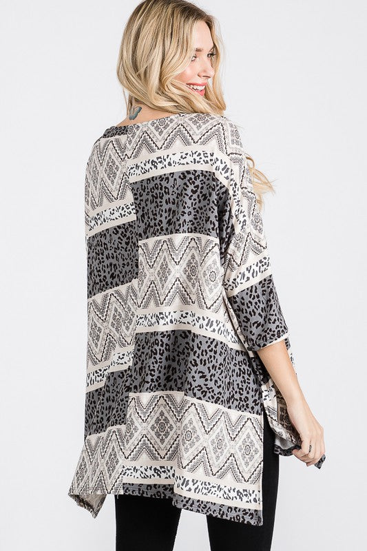 JADE BY JANE TRIBAL PRINT OVERSIZED LONG SLEEVE TUNIC TOP