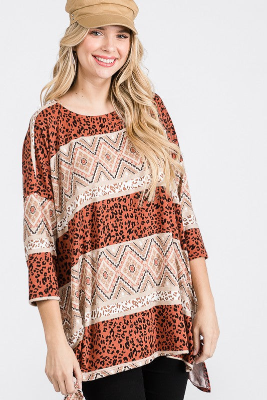 JADE BY JANE TRIBAL PRINT OVERSIZED LONG SLEEVE TUNIC TOP