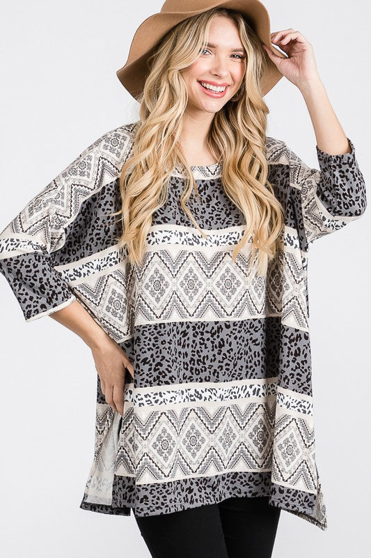 JADE BY JANE TRIBAL PRINT OVERSIZED LONG SLEEVE TUNIC TOP