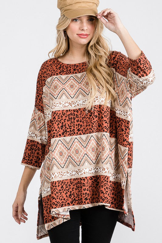 JADE BY JANE TRIBAL PRINT OVERSIZED LONG SLEEVE TUNIC TOP