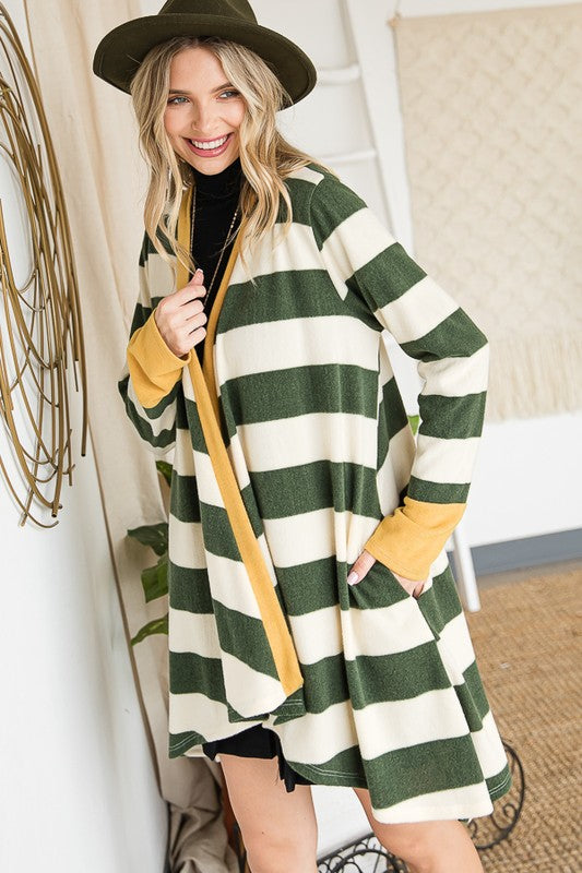 Jade By Jane Open Front Striped Draped Tunic Cardigan in 3 Colors