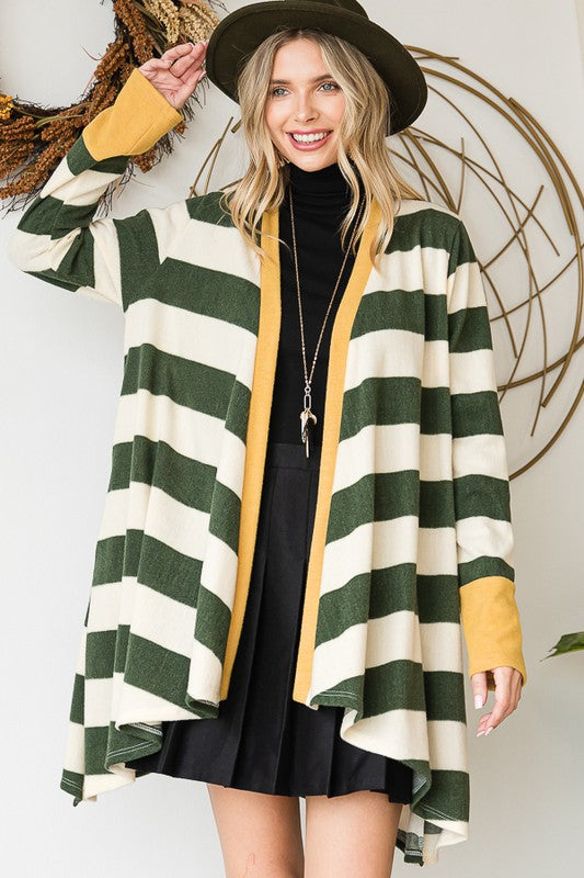 Jade By Jane Open Front Striped Draped Tunic Cardigan in 3 Colors