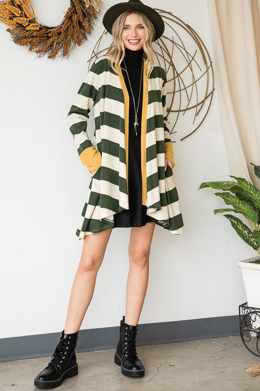 Jade By Jane Open Front Striped Draped Tunic Cardigan in 3 Colors