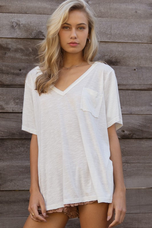 POL Slub Knit V-Neck Tunic T-Shirt in Off White