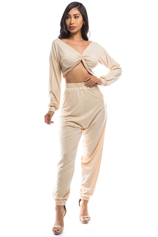 BY CLAUDE TWO PIECE LONG SLEEVE CROP TOP AND PANT SET