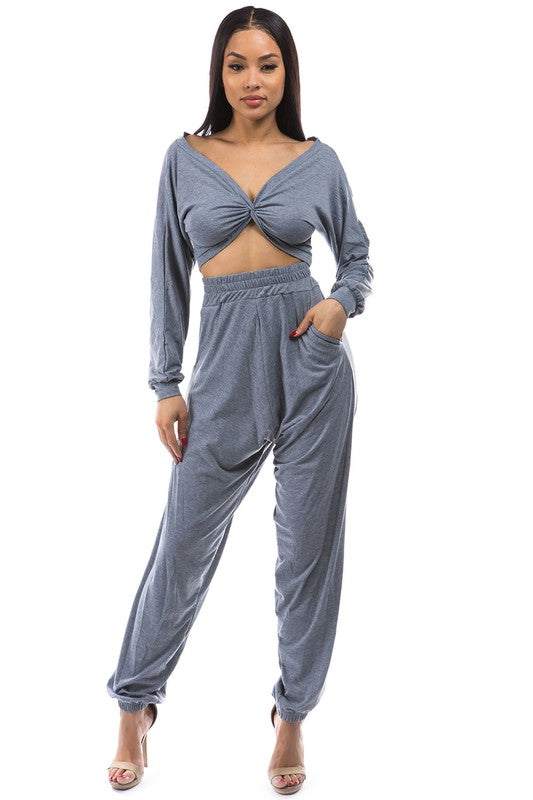 BY CLAUDE TWO PIECE LONG SLEEVE CROP TOP AND PANT SET