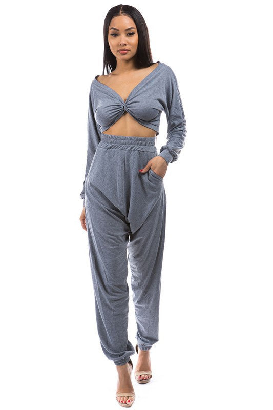 BY CLAUDE TWO PIECE LONG SLEEVE CROP TOP AND PANT SET