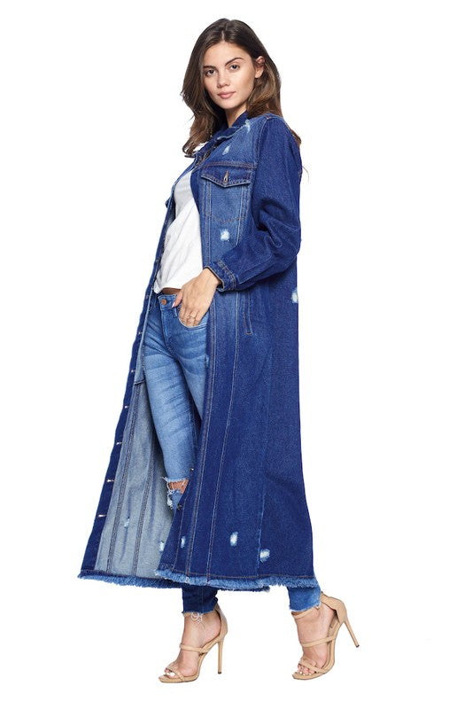 Blue Age Longline Distressed Denim Trench Coat Jacket in 4 Colors