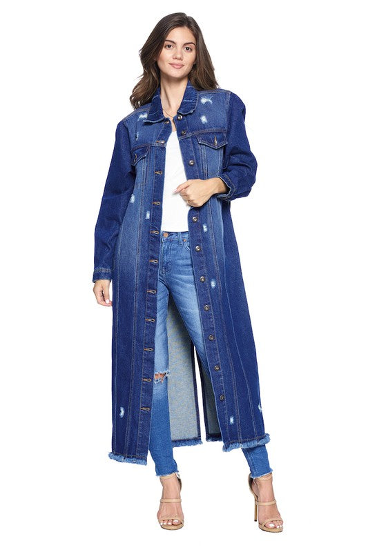 Blue Age Longline Distressed Denim Trench Coat Jacket in 4 Colors