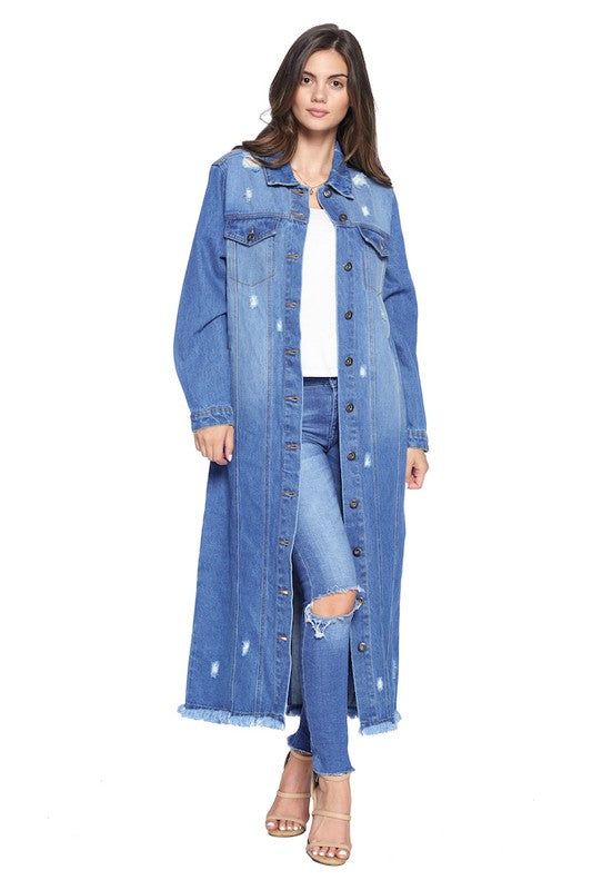 Blue Age Longline Distressed Denim Trench Coat Jacket in 4 Colors