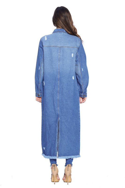 Blue Age Longline Distressed Denim Trench Coat Jacket in 4 Colors