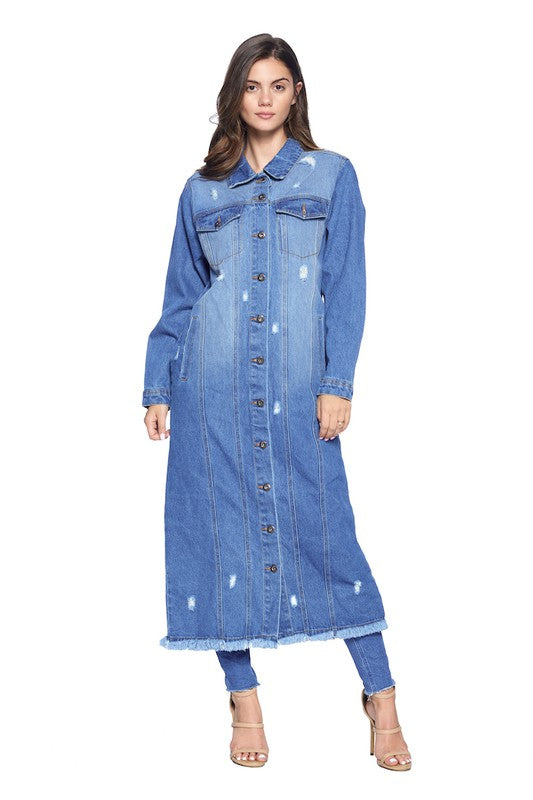 Blue Age Longline Distressed Denim Trench Coat Jacket in 4 Colors