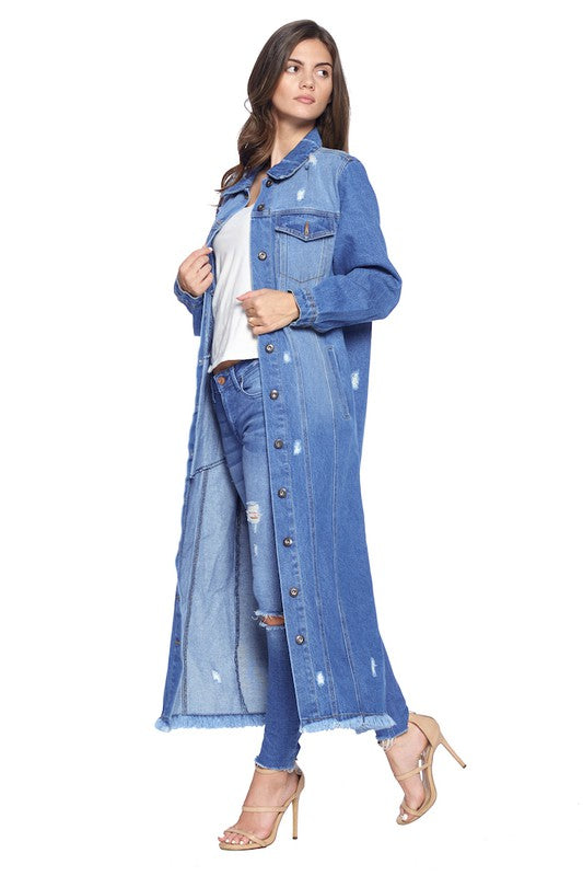 Blue Age Longline Distressed Denim Trench Coat Jacket in 4 Colors