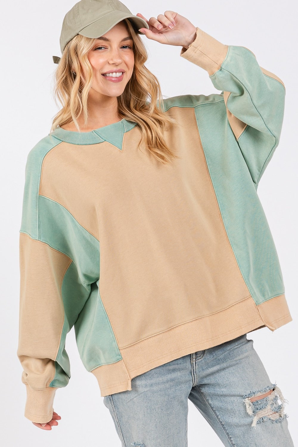 SAGE + FIG Oversized Color Block Round Neck Sweatshirt in Mint Cookie NWT