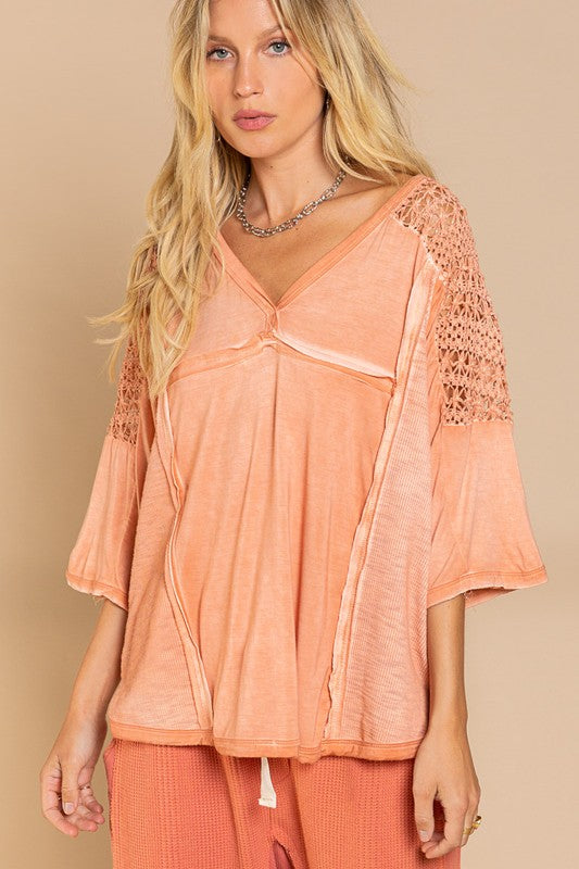 POL Crochet V-Neck Flowy Top