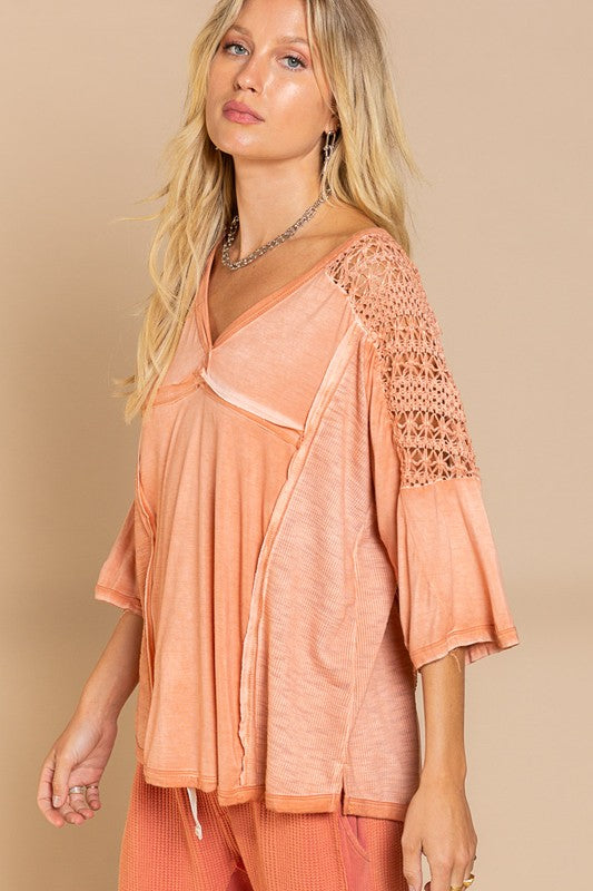 POL Crochet V-Neck Flowy Top