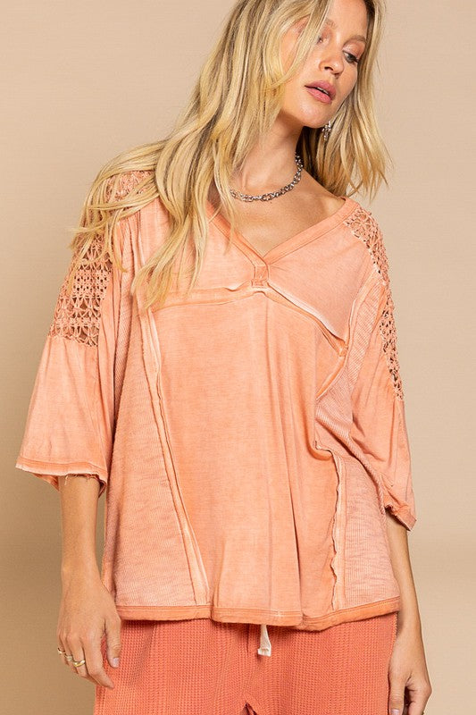 POL Crochet V-Neck Flowy Top