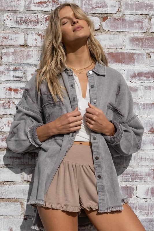 POL Oversized Distressed Raw Hem Denim Jacket in 4 Colors