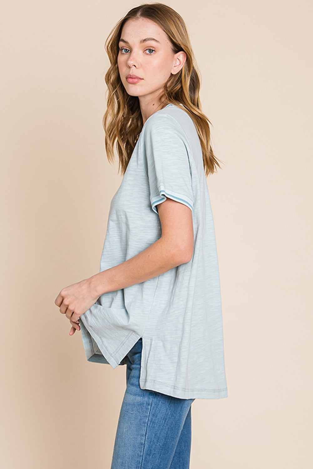 Cotton Bleu Contrasting Trim Oversized T-Shirt in Seafoam