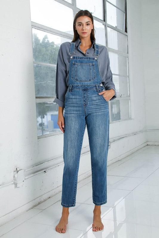 Insane Gene Mom Fit Cuffed Hem Denim Overalls in Light or Medium Blue Wash