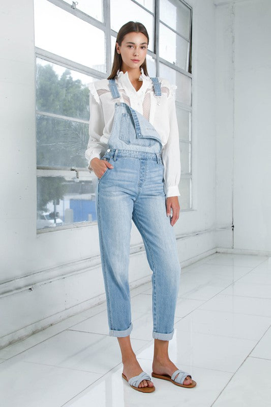 Insane Gene Mom Fit Cuffed Hem Denim Overalls in Light or Medium Blue Wash