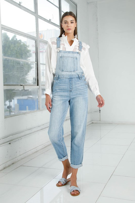 Insane Gene Mom Fit Cuffed Hem Denim Overalls in Light or Medium Blue Wash