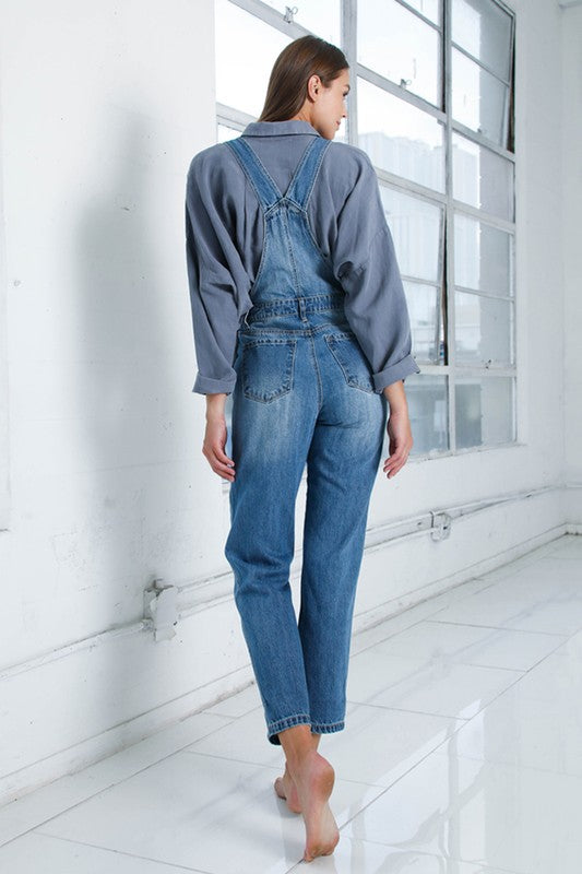 Insane Gene Mom Fit Cuffed Hem Denim Overalls in Light or Medium Blue Wash