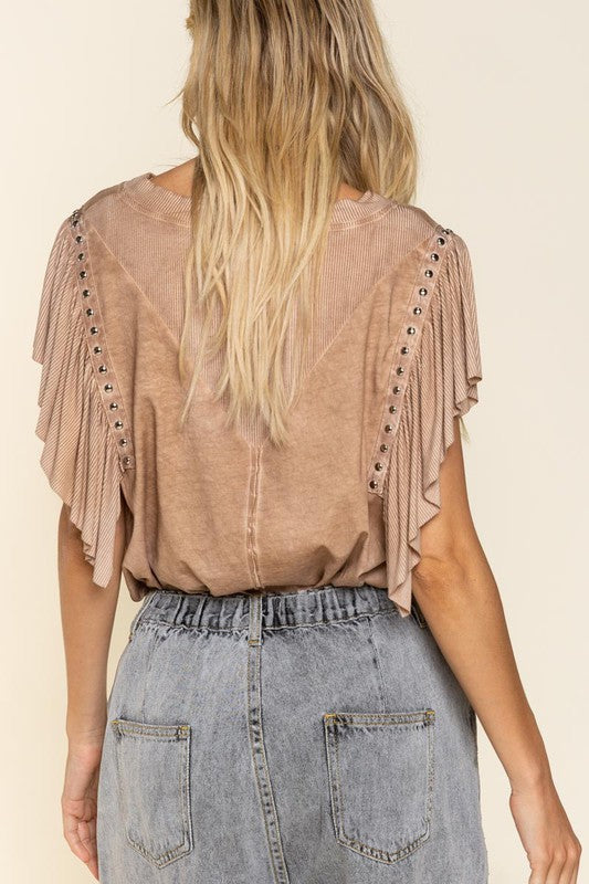 POL Studded Fringe Flutter Sleeve V-Neck T-Shirt in 3 Colors