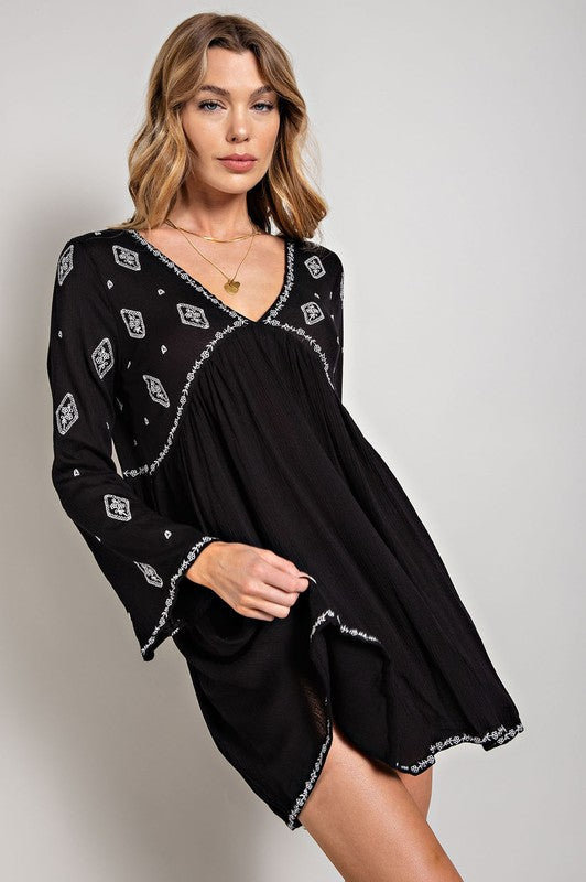 Sweet Generis Embroidered Long Sleeve Surplice Mini Dress in Black