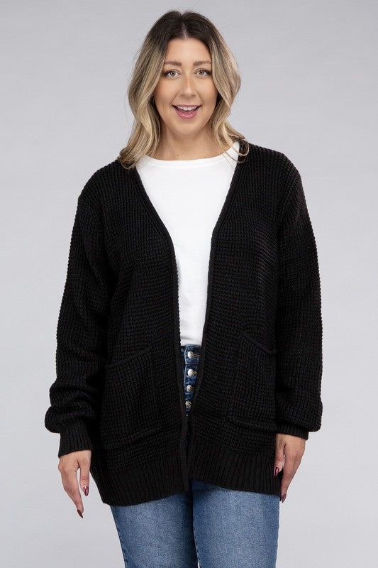 Zenana Plus Waffle-Knit Open Front Tunic Cardigan Sweater with Pockets in 5 Colors